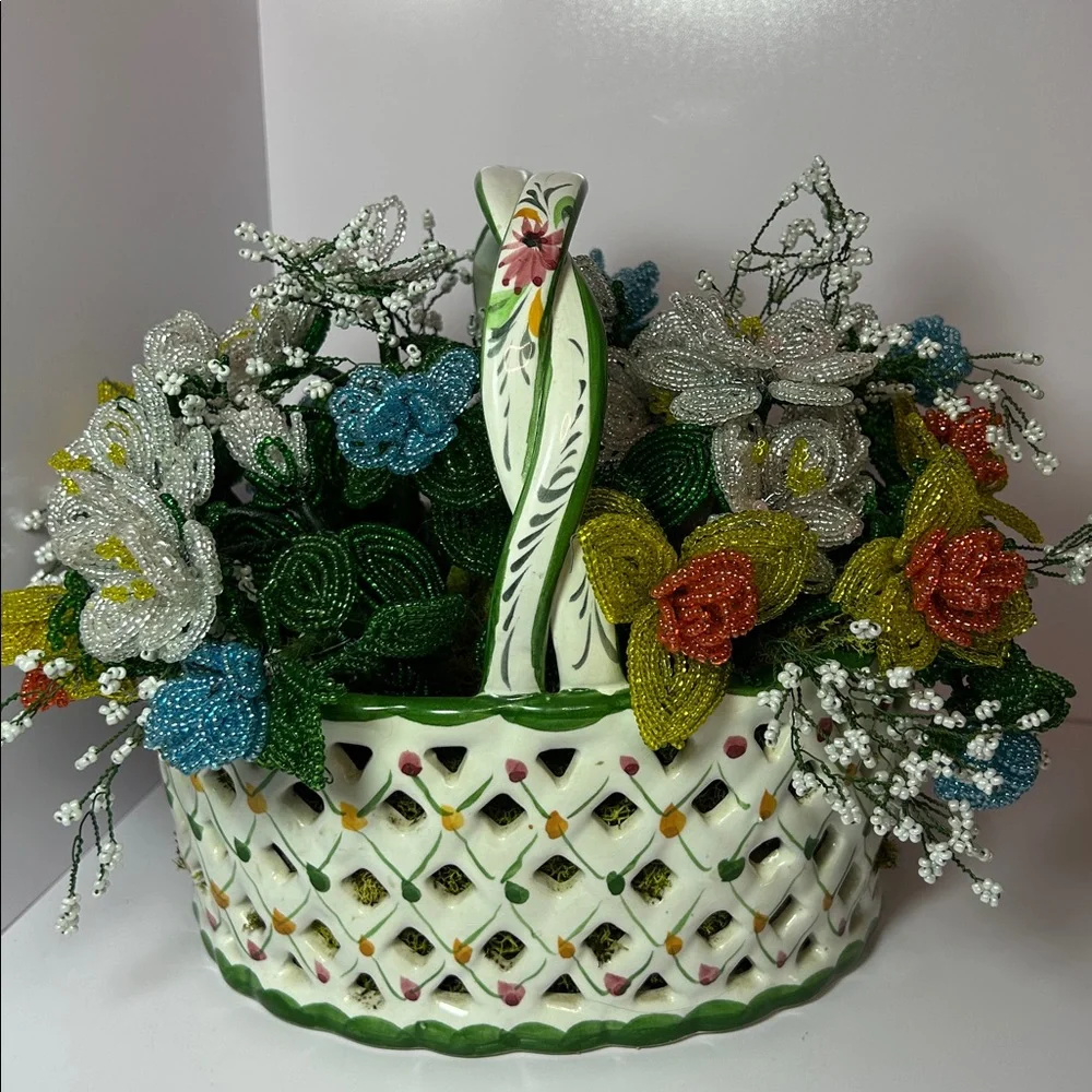 Handcrafted Floral Basket with Multicolor Beaded Flowers